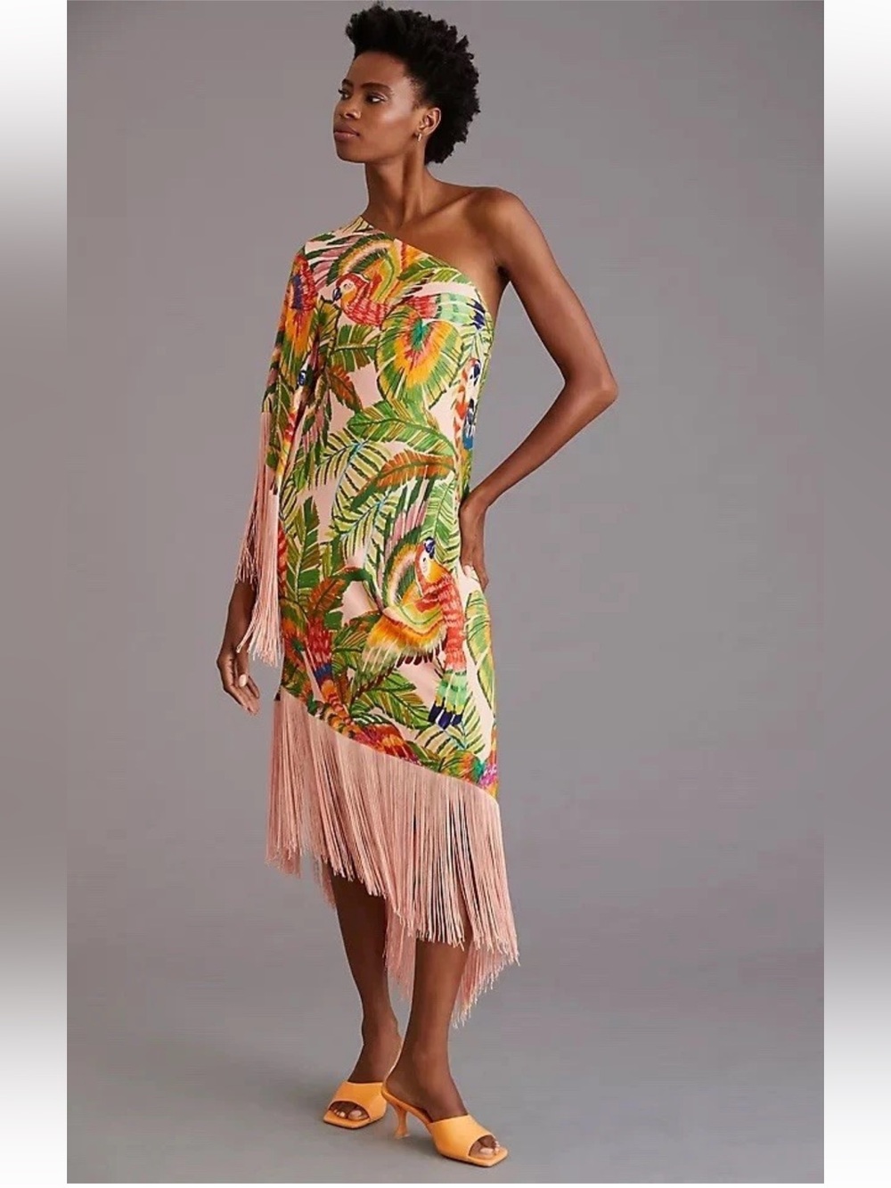 FARM Rio Macaw Leaves One Shoulder Fringe Midi Dress XL Parrot Tropical Rare